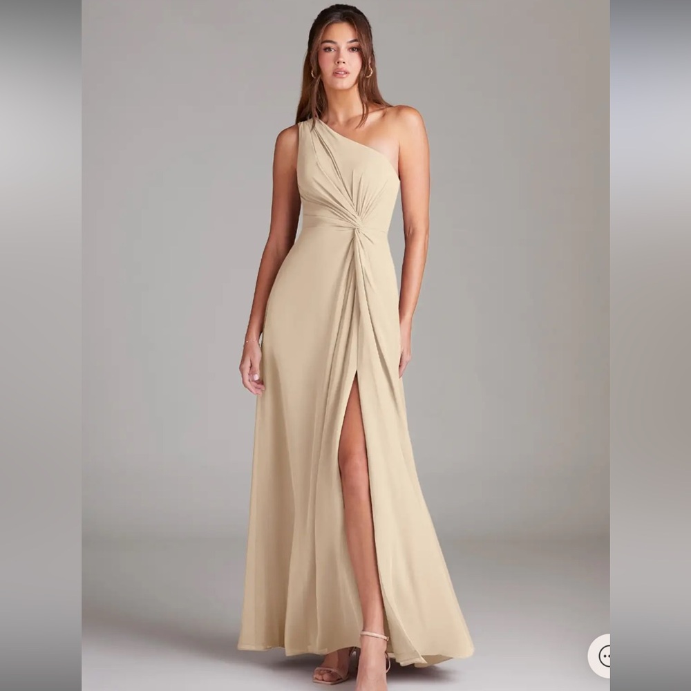 Azazie Brooke Champagne A-Line One Shoulder Chiffon Dress